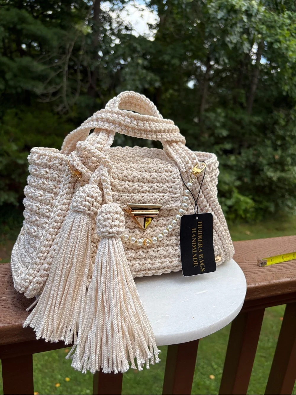 Ivory Crochet Bag, Handmade Boho Purse, Polypropylene Woven Handbag, Tassel